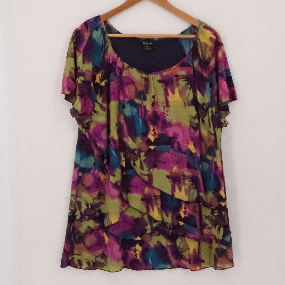 Abstract Watercolorโ Tiered Ruffle Blouse Top Womens Size XL Purple Green Mesh